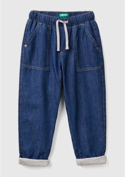 Erkek Çocuk Koyu Denim Arka Cebi Logo Detaylı Büzgü Ipli Kıvrık Paça Denim Pantolon
