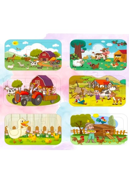 6 Adet Eğlenceli Çiftlik Teması Ahşap Puzzle Ahşap Yapboz Bultak
