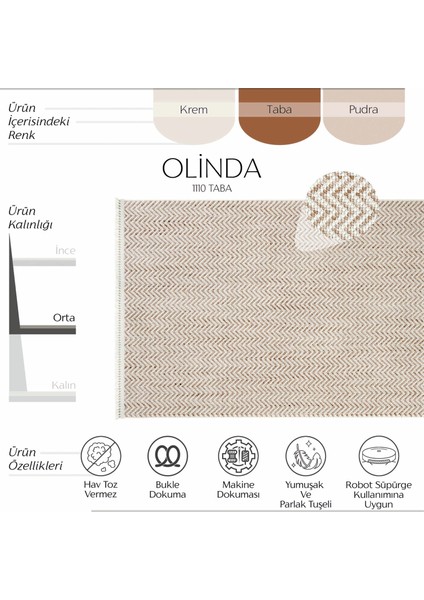 Olinda 1110 Taba Oturma Odası Salon Halısı Yumuşak İskandinav Halı Yolluk Bukle Dokuma Makine Halısı