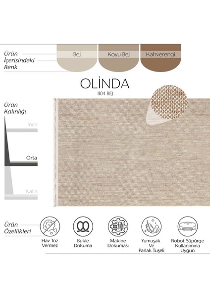 Olinda 1104 Bej Oturma Odası Salon Halısı Yumuşak İskandinav Halı Yolluk Bukle Dokuma Makine Halısı