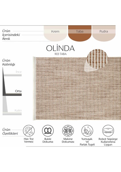 Olinda 1103 Taba Oturma Odası Salon Halısı Yumuşak İskandinav Halı Yolluk Bukle Dokuma Makine Halısı