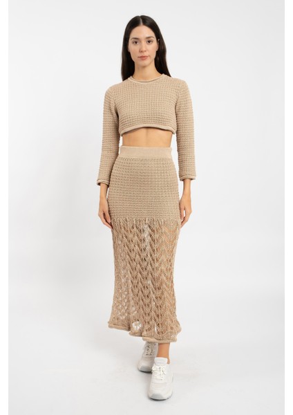 Rtd&vld Kadın Crop File Triko Kazak Ajurlu Etek Takım Bej fiyatları