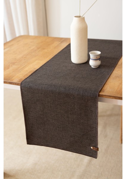 Solen | Keten Görünümlü Koyu Kahve Leke Tutmaz Runner 35 x 120 Cm