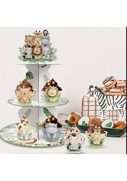 Safari Temalı 3 Katlı Karton Cupcake & Ikram Stand