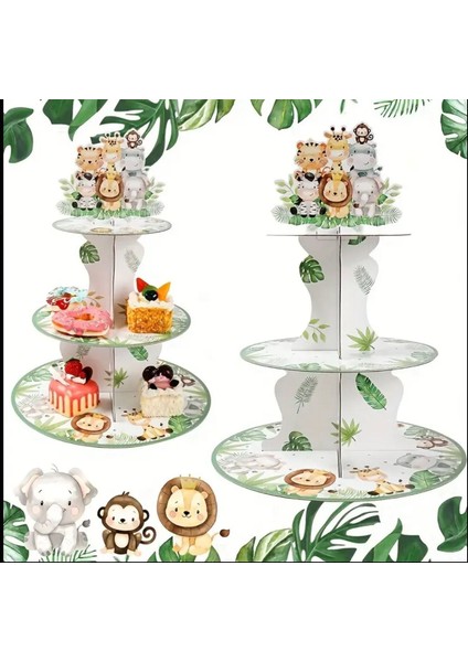 Safari Temalı 3 Katlı Karton Cupcake & Ikram Stand