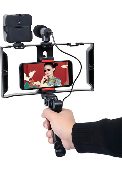 AY49X Cep Telefonu Için Mikrofonlu ve Işıklı Profesyonel Video Çekim Braketi Telefon Tutucu Tripod
