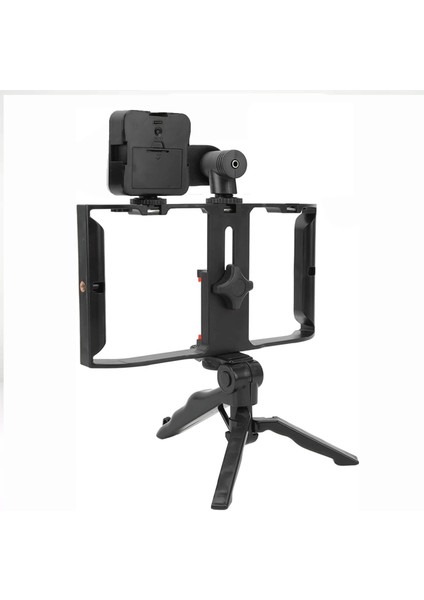 AY49X Cep Telefonu Için Mikrofonlu ve Işıklı Profesyonel Video Çekim Braketi Telefon Tutucu Tripod fiyatları