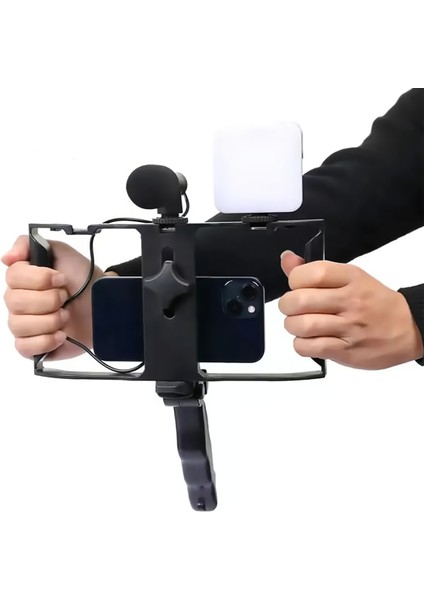 AY49X Cep Telefonu Için Mikrofonlu ve Işıklı Profesyonel Video Çekim Braketi Telefon Tutucu Tripod indirimleri