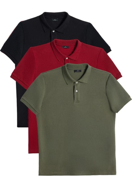 Erkek 3'lü Paket Siyah-Bordo-Haki Slim Fit Dar Kesim Pamuklu Düz Pike Polo Yaka Tişört