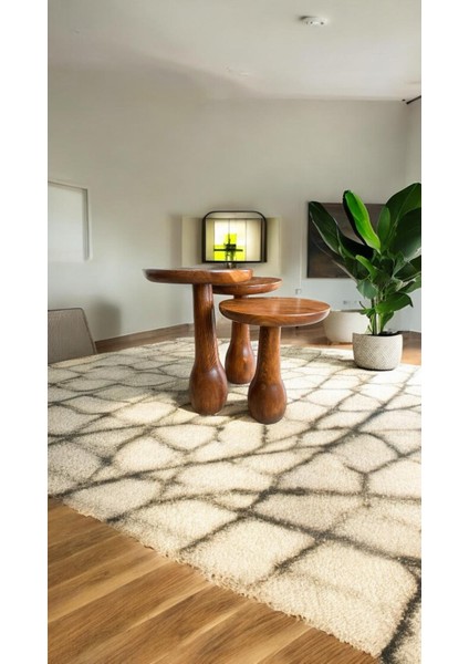 Wood Ahşap 3’lü Set Fitilli Mantar Yan Sehpa Boğumlu Model / Açık Ceviz Renk / Zigon Sehpa Vernikli