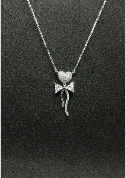 925 Ayar Gümüş Taşlı Kalp Kolye ve Taşlı Kurdela Detaylı Kadın Takı