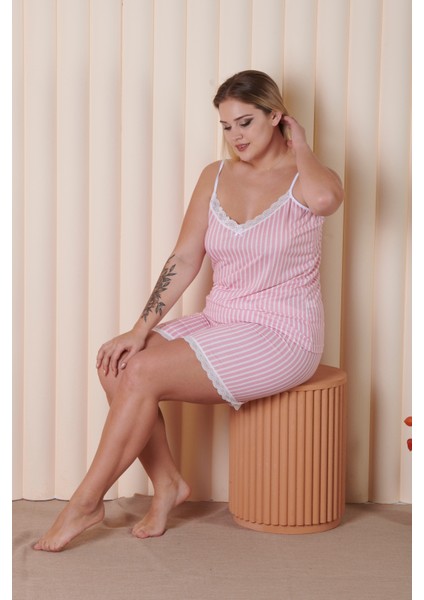 Kadın Pembe Çizgili Büstiyerli Dantel Detaylı Şortlu Pijama Takımı 20050 modelleri