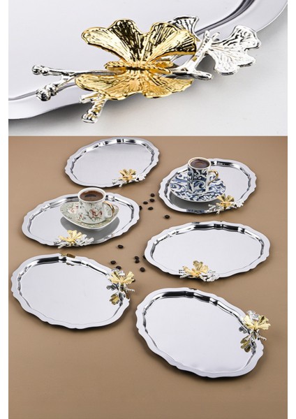 6 Adet Oval Kelebek Aksesuarlı Kahve-Çay Servis ve Sunum Tepsisi 25 cm x 20 cm
