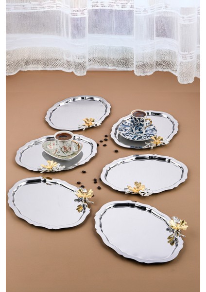 6 Adet Oval Kelebek Aksesuarlı Kahve-Çay Servis ve Sunum Tepsisi 25 cm x 20 cm