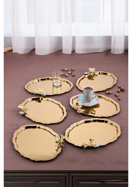 6 Adet Oval Kelebek Aksesuarlı Kahve-Çay Servis ve Sunum Tepsisi 25 cm x 20 cm