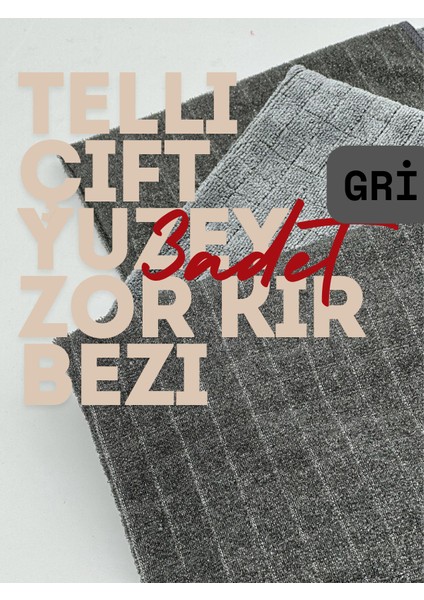 ( 3 Adet Gri ) Zor Kir Halı Koltuk Duşakabin Telli Ovma Temizlik Bezi 40*40