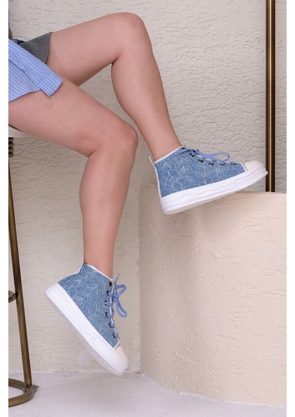 Kadın Sneaker Bağcıklı Bilekli Keten Nakışlı Spor Ayakkabı Havela