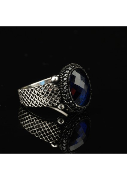 Safir Taşlı El Işi 925 Ayar Gümüş Erkek Yüzük