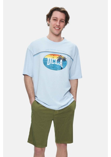Aıre Gök Mavi Bisiklet Yaka Baskılı Oversize Erkek Tshirt