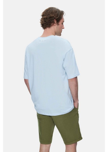 Aıre Gök Mavi Bisiklet Yaka Baskılı Oversize Erkek Tshirt