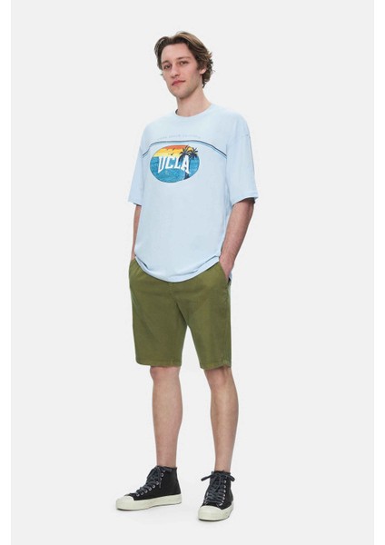 Aıre Gök Mavi Bisiklet Yaka Baskılı Oversize Erkek Tshirt