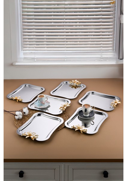 6 Adet Italyan Model Büyük Papatya Gül Motifli Kahve-Çay Sunum ve Servis Tepsisi 27 cm x 22 cm