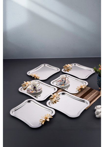 6 Adet Italyan Model Büyük Papatya Gül Motifli Kahve-Çay Sunum ve Servis Tepsisi 27 cm x 22 cm