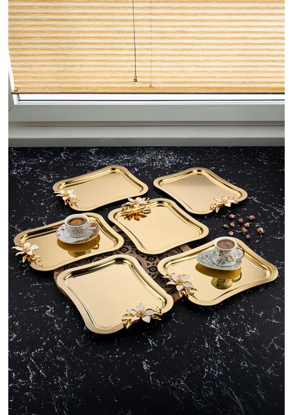 6 Adet Italyan Model Büyük Papatya Gül Motifli Kahve-Çay Sunum ve Servis Tepsisi 27 cm x 22 cm