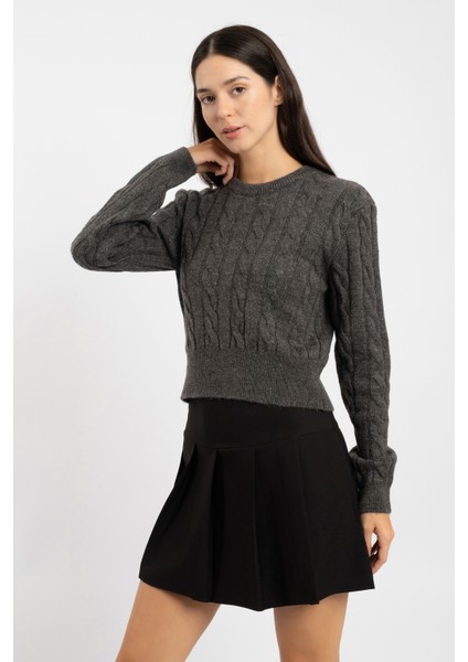 Rtd&vld Kadın VITA-170 Karın Bisiklet Yaka Örgü Desen Triko Kazak Gri