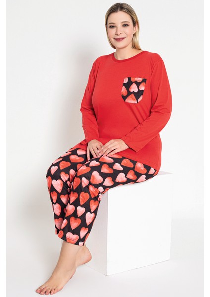 Kadın Kırmızı Renkli Kalp Desenli Uzun Kollu Pijama Takımı B-53