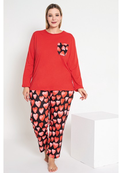 Kadın Kırmızı Renkli Kalp Desenli Uzun Kollu Pijama Takımı B-53