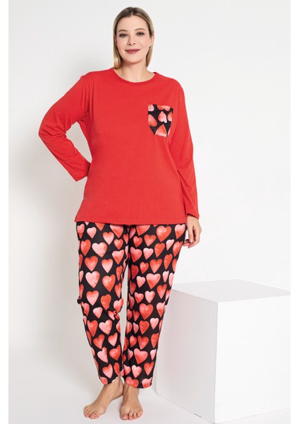 Kadın Kırmızı Renkli Kalp Desenli Uzun Kollu Pijama Takımı B-53