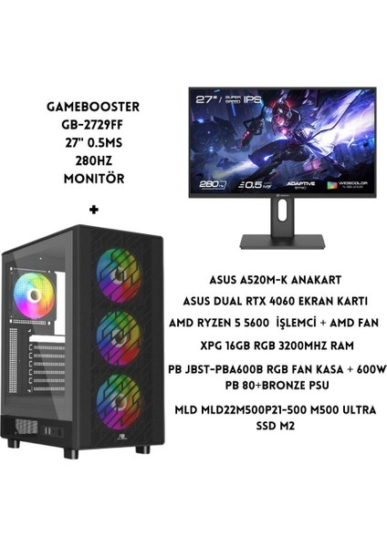 Pb A600B Rgb Kasa Amd Ryzen 5 5600 16 GB Ram 500 GB SSD Asus Dual Rtx 4060 W11 + 27" Monitör