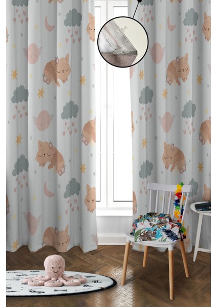 Dijital Baskı Yıkanabilir Dekoratif Modern Desenli 2 Kanat Bebek ve Çocuk Odası Fon Perdesi RB09