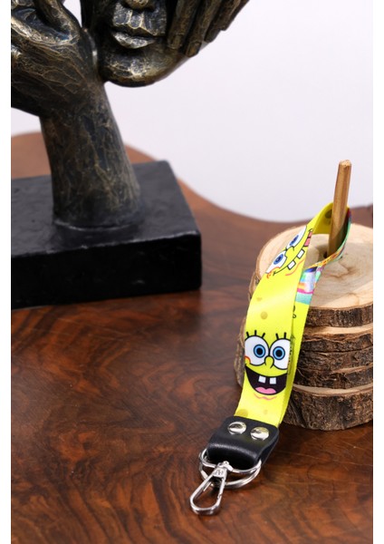 Sünger Bob Temalı Sonsuz Desen Çift Rivetli Boyun Askı Ipi ve Anahtarlık Takımı