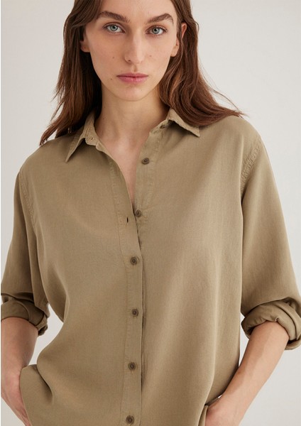 Keten Karışımlı Haki Tencel Gömlek 1211046-70361