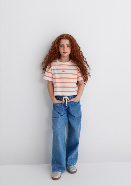 Mavi Logo Baskılı Turuncu Çizgili Crop Tişört 7610182-89310