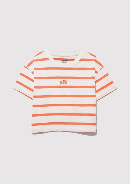 Mavi Logo Baskılı Turuncu Çizgili Crop Tişört 7610182-89310