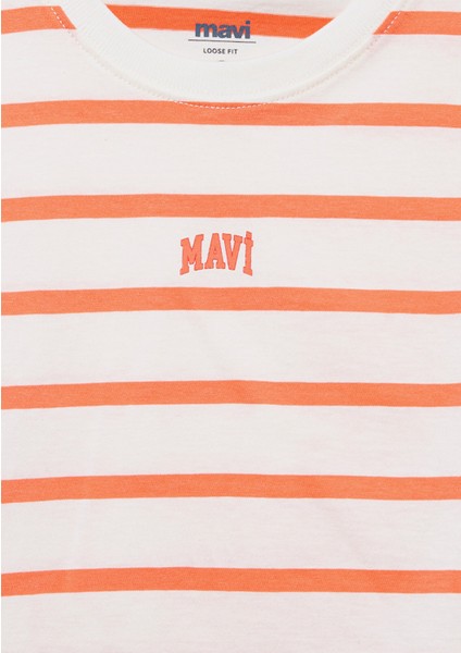Mavi Logo Baskılı Turuncu Çizgili Crop Tişört 7610182-89310