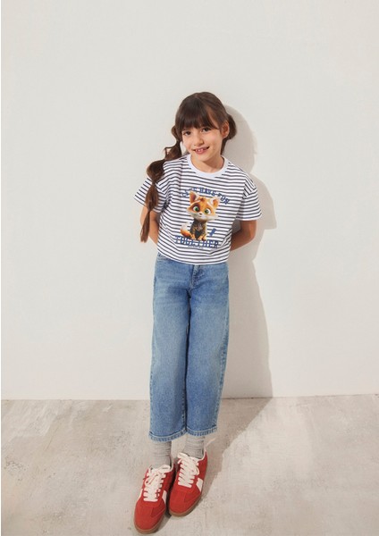 Kedi Baskılı Çizgili Crop Tişört 7610280-85308