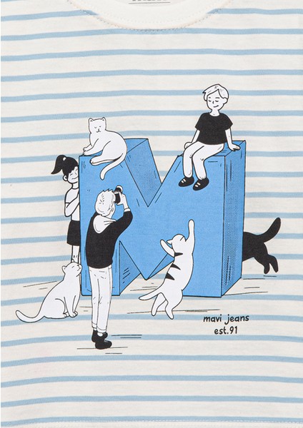 M Logo Baskılı Mavi Çizgili Tişört 7610285-83766