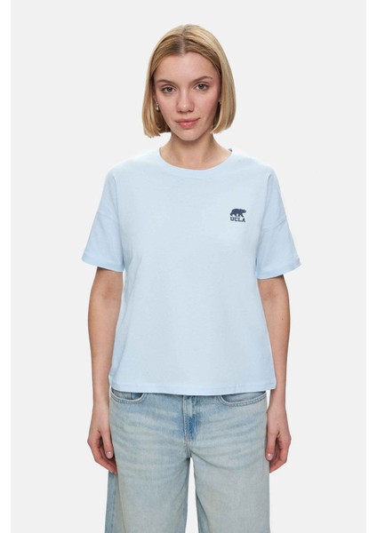 Kenzıe Gök Mavi Bisiklet Yaka Baskılı Loose Fit Kadın Tshirt