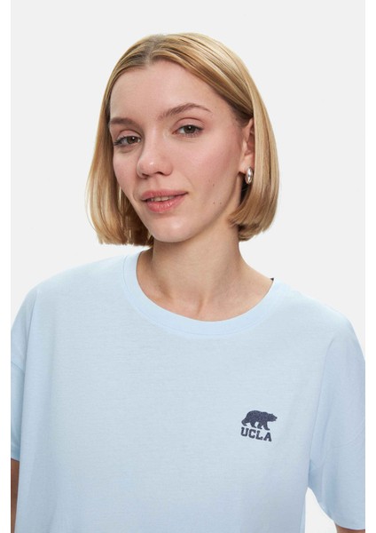 Kenzıe Gök Mavi Bisiklet Yaka Baskılı Loose Fit Kadın Tshirt fiyatları