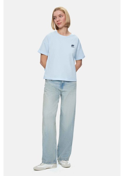 Kenzıe Gök Mavi Bisiklet Yaka Baskılı Loose Fit Kadın Tshirt modelleri