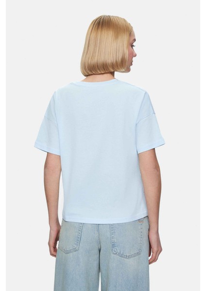 Kenzıe Gök Mavi Bisiklet Yaka Baskılı Loose Fit Kadın Tshirt fırsatları