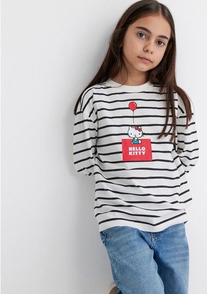 Hello Kitty Baskılı Siyah Çizgili Tişört 7610306-85308