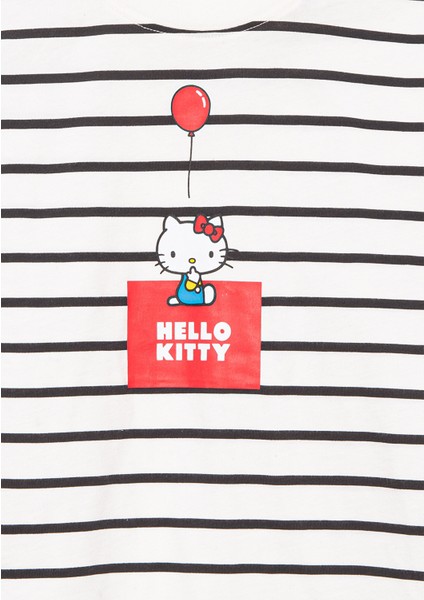 Hello Kitty Baskılı Siyah Çizgili Tişört 7610306-85308