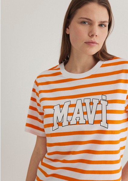 Mavi Logo Baskılı Çizgili Turuncu Tişört 1611360-89585