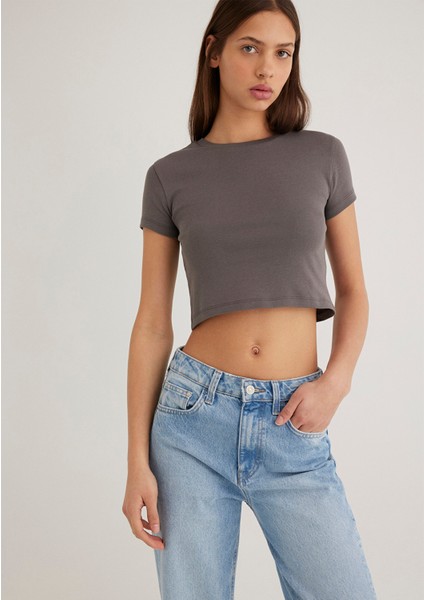 Gri Basic Crop Tişört 1600814-70095 fiyatları