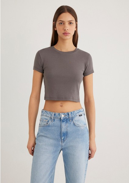 Gri Basic Crop Tişört 1600814-70095 modelleri